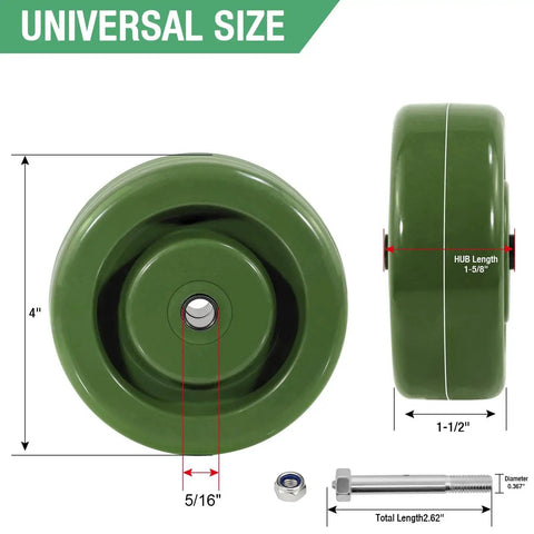 4 Inch Heavy Duty Caster Wheels For Ovens And Dryers With Epoxy Resin Wheels High Temperature From Minus 40 Fahrenheit To 525 Fahrenheit 700 Pound Capacity 20 Pack Ideal For Commercial Kitchens And Bakery Equipment HANDSAMMU, green epoxy resin, side and front view with measurements.