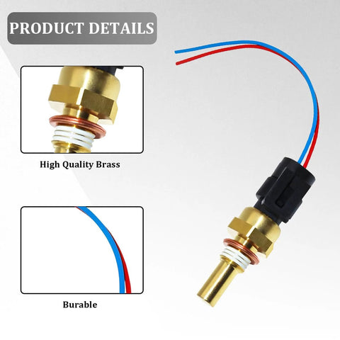 Sandfren coolant temperature sensor with connector pigtail harness; brass sensor, red and blue wires, OEM 19236568.