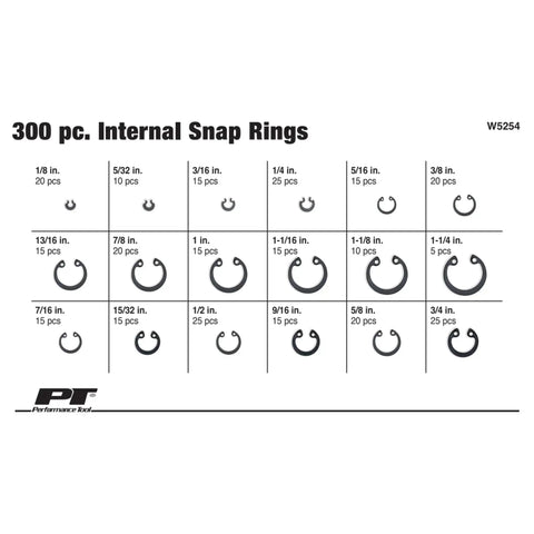 18-Piece Internal Retaining Ring Set With Heavy-Duty Spring Steel And Black Oxide Finish shown with size chart