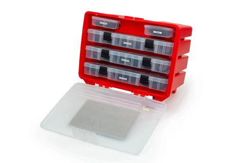 All Purpose Buna N O Ring Assortment Kit With 1,377 Pieces In Boss And Flange Sizes One Sixteenth Three Thirty Seconds One Eighth 70 Durometer for valves, fittings, cylinders displayed in a red plastic case with compartments.