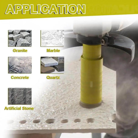 2 Inch Diamond Core Drill Bit For Wet Or Dry Drilling Hole Saw For Granite Marble Concrete And Quartz SANLEETEK Laser Welded 50mm Bit With 10mm Diamond Height And 25/35 Grit 5/8-11 Thread shown in use drilling stone surface.