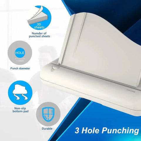 Electric 3 Hole Paper Punch For Office Use Heavy Duty Commercial Hole Puncher showing features on blue background.