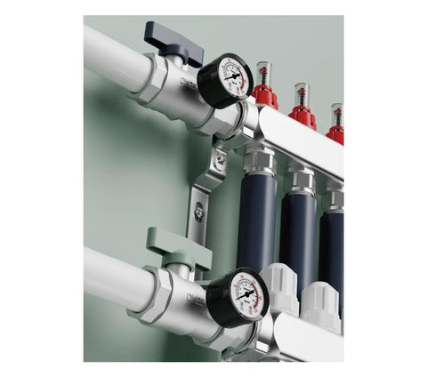 Front view of a 6-loop steel radiant heating manifold with flow meters and 1/2 in compression fittings for hydronic infloor heating, Amazon