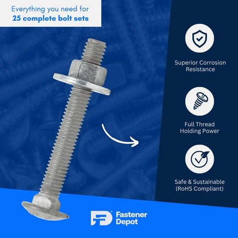 Half Inch 13 Thread Carriage Bolt Kit For Exterior Use Built Tough With 25 Bolts, 25 Washers And 25 Hex Nuts