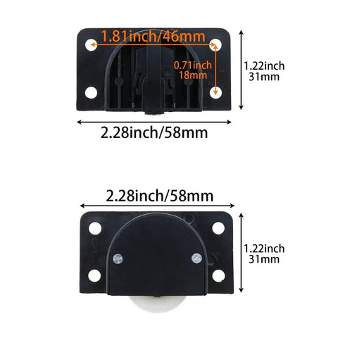 2 Sets 58x31mm Black Sliding Cabinet Hardware Nylon Pulley Roller for Sliding Doors Drawers Windows and Closets Durable ABS Nylon Bearing System Delivers Smooth Quiet Operation and Long Lasting Performance. Image showing dimensions and design.