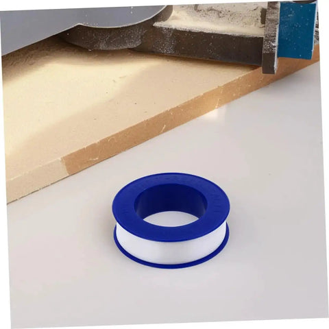 12 Rolls PTFE Plumbers Tape Sealing Tape For Faucet Leaks And High Temperature Plumbing Pipe Sealant For Home Garden DIY Repairs Prevents Leaks And Extends Pipe Life on a white surface next to a workshop tool.