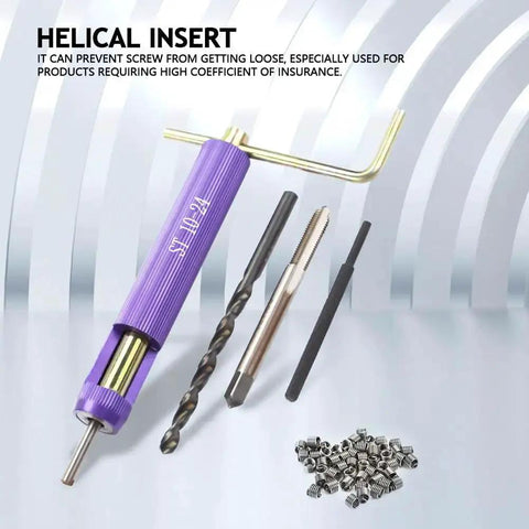 10-24 UNC Helical Inserts Kit For Aluminum With Stainless Steel Thread Repair Inserts ST Tap And Tool Included Fix Stripped Threads Reinforce Weak Material All In One Built To Last Heavy Duty Repair Solution, including purple handle tool, drill bit, and inserts.