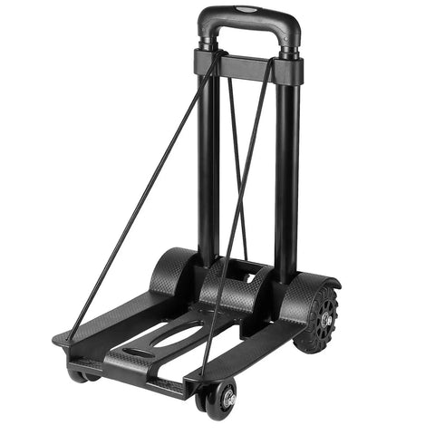 Heavy Duty Folding Hand Truck With Four Wheels, Solid Construction Utility Cart for luggage and travel gear, black, folded view