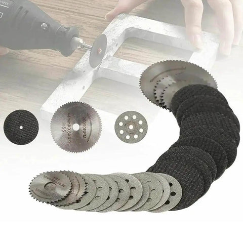 Pro Grade 30 Piece Cutting Wheel Set With HSS Circular Saw Blades Diamond Cutting Discs Resin Cutting Wheels in use on metal