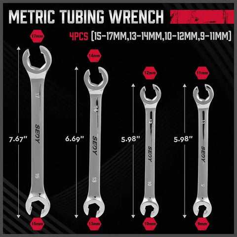 Four Piece Flare Nut Wrench Set With Offset Ends Metric Two Sizes Per Wrench 9 And 11 Millimeter Chrome Vanadium Steel