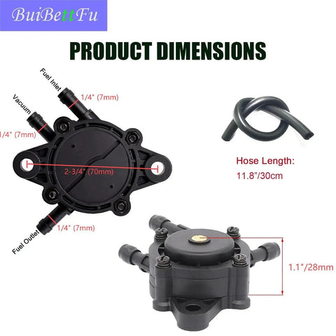 Replacement Fuel Pump For Lawn Mower With 24 393 04-S And 24 393 16-S 17HP To 25HP Engines Includes Fuel Filter And Fuel Line Shut Off Valve For Kawasaki Honda Deere Plug And Play Direct Fit Mower Parts, product view with dimensions.