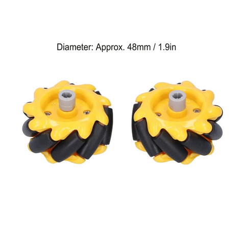 Two yellow and black rubber-coated Mecanum wheels, 48mm in diameter, part of Omni Directional Mecanum Wheel Kit For DIY Smart Robot Car.