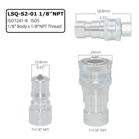 One Eighth Inch NPT Hydraulic Quick Connect Couplings ISO 7241 B with dimensions for tractor hydraulics, includes two fittings