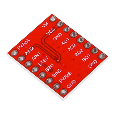 TB6612FNG Dual DC Motor Driver Module, red PCB close-up, showcasing pin configuration with labels for hobby robotics projects.
