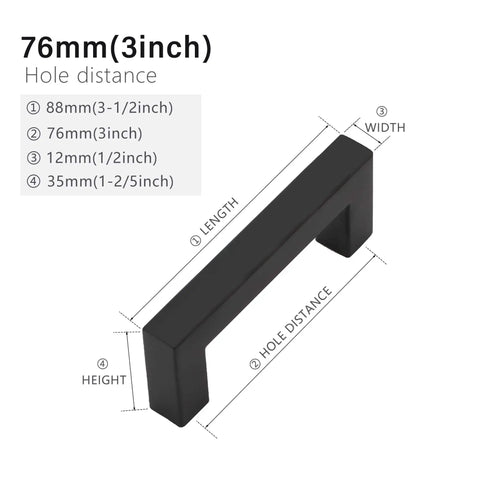 Matte Black Cabinet Handles Square Drawer Pulls 3 Inch Hole Centers Stainless Steel 10 Pack dimensions diagram