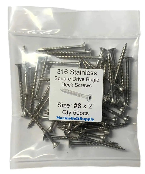 No. 8 X 2 Inch Type 316 Marine Grade Stainless Steel Deck Screws With Square Drive Bugle Head 50 Pack in plastic bag
