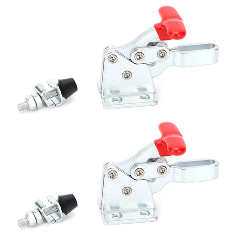 Two-Piece Quick Release Toggle Clamp Set For Woodworking Jigs And Fixtures, Horizontal Hold-Down Clamps with red handles and bolts