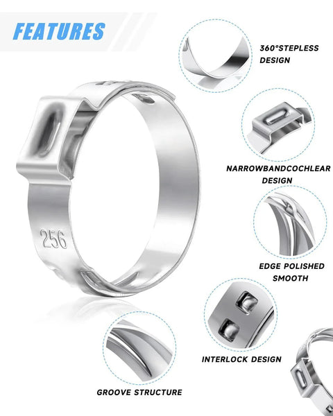 170 Pcs 304 Stainless Steel Single Ear Hose Clamp Set With Ear Clamp Pincer 11 Sizes From Six To Twenty Five Point Six Millimeter Constant Crimp Stepless Cinch Rings Crimp Assortment Kit For Water Pipes Ideal For Automotive Plumbing DIY Projects And features close-up of clamp design details.