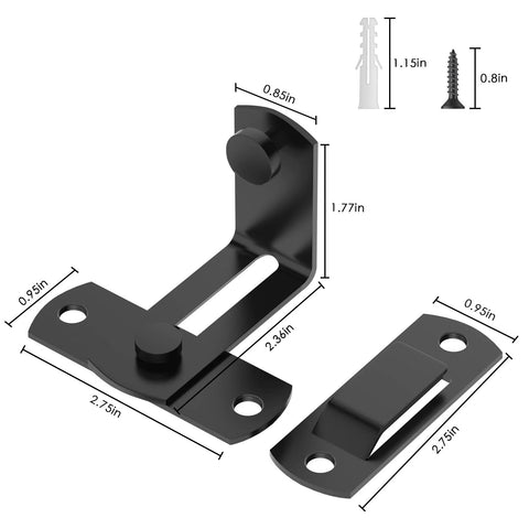 90 Degree Flip Barn Door Lock For Privacy And Security 304 Stainless Steel Gate Latch with anti deformation hook, black, two pack, dimensions show.