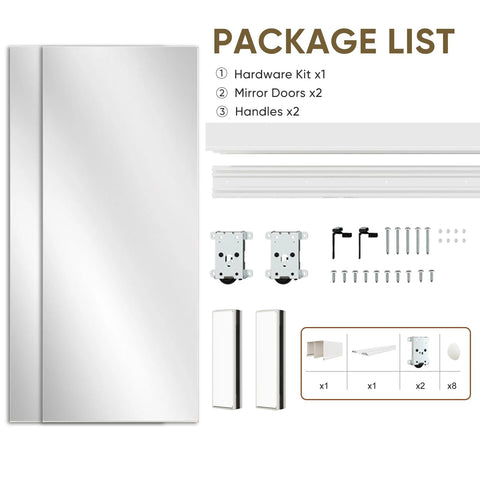 One Sided Full Length Mirror Closet Door 72x80 Inches Sliding Bypass With Steel Frame And Hardware Kit Easy To Install Modern Closet Door Adds Light And Space To Your Room package contents including mirror doors and hardware
