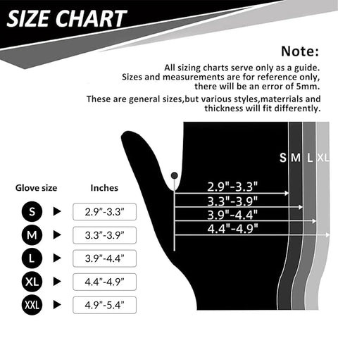 Size chart image for Heavy Duty Nitrile Gloves 6 Mil Black Disposable 100 Count Food Safe Powder Free showing glove size measurements.