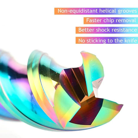 Close-up of 1/8 Inch Carbide Square End Mill For Aluminum And Copper, 3 Flute, DLC Coating, showing spiral design and colors