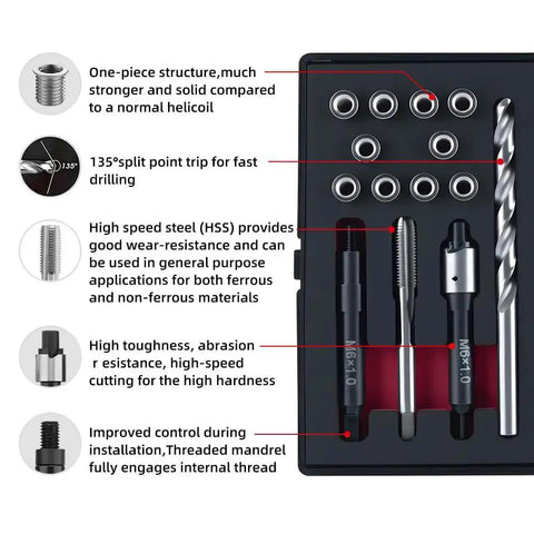 Metric M6X1.0 Thread Repair Kit With Stainless Steel Inserts, HSS Drill, Tap, Installation Driver, Counterbore in EVA Box