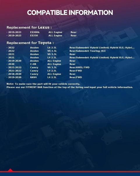 Compatibility chart for Lexus and Toyota models, detailing years, engines, and hub bearing fitment details for Camry, RAV4, Avalon.