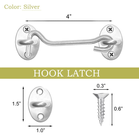4 Inch Stainless Steel Hook And Eye Latch For Doors Windows Cabinets And Fences, shown with dimensions and installation features.