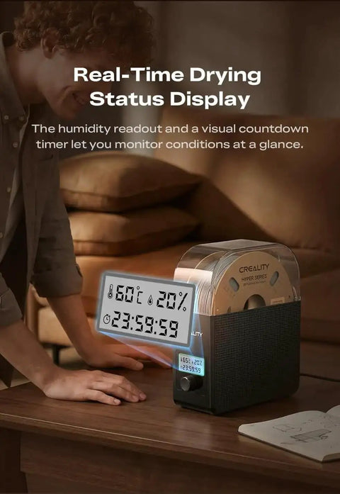 Upgraded SpacePi SE Filament Dryer for 3D printers with display showing real-time drying status and countdown timer