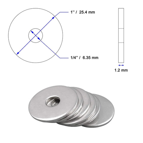 Stainless Fender Flat Washers, 1/4 in hole, 1 in outer diameter, 304 stainless steel, 120 pcs