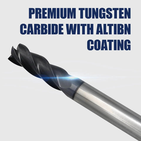 6 Pcs 1/8 Inch Carbide Square End Mills, 4 Flute TIALN Coated CNC Mill Bits For Steel, close-up view of mill bit end