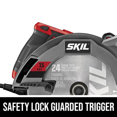 Close-up of Powerful 15 Amp 7.25 Inch Circular Saw With Single Beam Laser Guide showing safety lock and 15A label