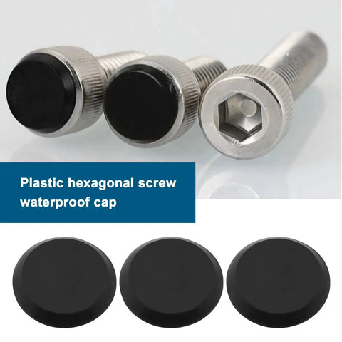 Close-up of 50 Pack Socket Head Screw Cover Caps For M6 Allen Screws, black hex head plastic protectors with screws.