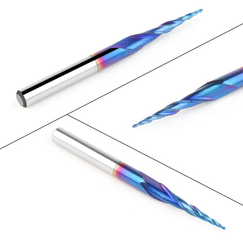5 Pack Tapered Ball Nose End Mills For CNC Router Bits With One Eighth Inch Shank, 0.25mm Radius, 0.5mm Diameter Tips, Solid Carbide Blue Nano nACo Coated Spiral Carving Bits for precision woodworking.