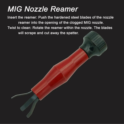 Close-up of a MIG nozzle reamer tool with red handle and dark tip for cleaning welding nozzles from the Complete MIG Welding Tool Set With Chipping Hammer And Leather Gloves 13.5 Inch Soapstone Holder 50Lb Welding Magnets Welpers Pliers MIG Nozzle Reamer And Wire Brush For Metal Fabrication.