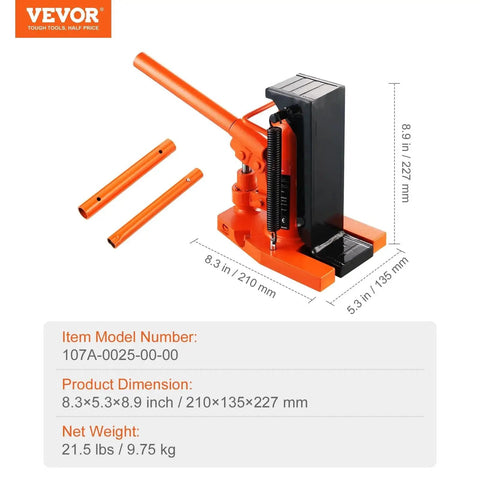 Side view of an orange Air Hydraulic Claw Jack For Machinery 5 Ton Top Lift 2.5 Ton Toe Lift with dimensions and model number.