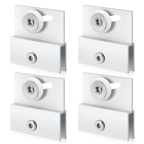 Set of four chrome finish extruded aluminum rollers with 3/4in ball bearings for frameless shower doors, top view.