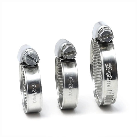 Close-up of 90 Piece Stainless Steel Hose Clamps Set For Automotive Radiators And Pool Hoses, 5/16 to 2-3/8 inches range.