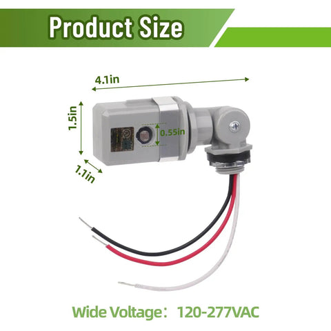 Close-up of Two Pack Dusk To Dawn And Day Night Sensor For Outdoor Lighting Wide Voltage 120 277 VAC, size dimensions shown.