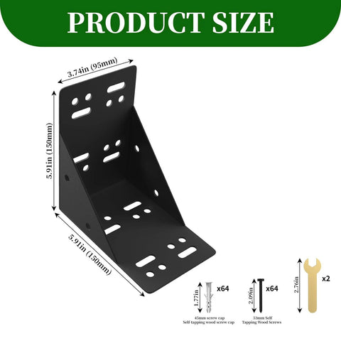 Eight Piece Post Base Pergola Bracket Kit Inner Size 3.5 Inch by 3.5 Inch Heavy Duty Black Powder Coated Steel 90 Degree Brackets
