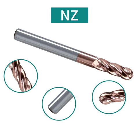 Front view of 4 Flute TiSiN Coated Ball Nose End Mill 1/16 Inch Cutting Diameter, 1/4 Inch Flute Length, 1/8 Inch Shank, HRC55 Set