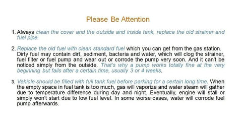 Instructions on fuel pump maintenance and care for vehicles, emphasizing cleanliness and fuel quality.