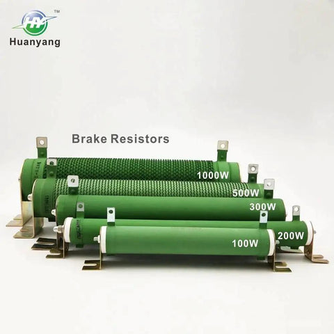 Huanyang braking resistor set: front view of five green cylindrical modules with mounting brackets, labeled 100W–1000W.