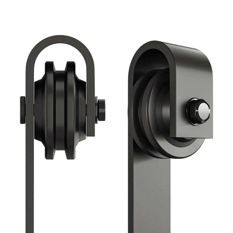 Close-up of Sliding Barn Door Hangers J Shape 2 Pack Black Solid Steel With POM Wheels, front and side view