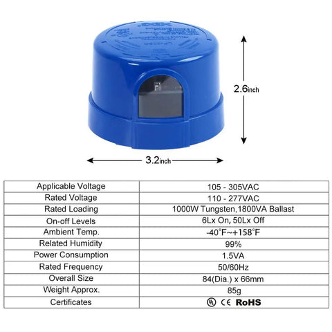 Dimensions and specifications of the Outdoor Dusk To Dawn Photocell Sensor Receptacle Set with Base Twist Lock for LED Lighting.