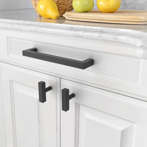 10 Pack Matte Black 7 Inch Cabinet Handles Stainless Steel Drawer Pulls For Kitchen Cabinets Bathrooms Cupboards And Dressers 178mm Hole Centers Easy Installation Durable Hardware installed on white kitchen cabinet