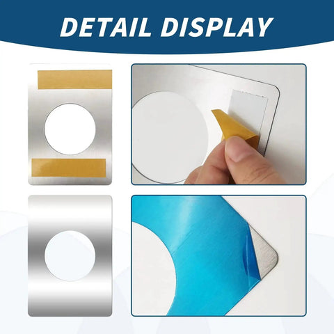 Detail view of 4 Piece Stainless Steel Door Reinforcement Plates Set for covering damaged holes and fixing loose locks with adhesive backing.