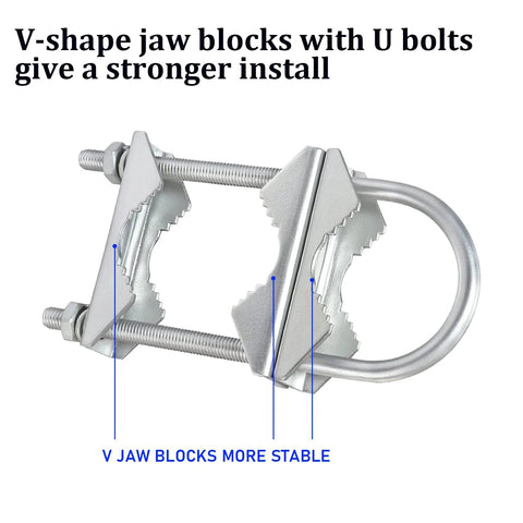 Pair of antenna mast clamp kits with V-jaw blocks and U-bolts; heavy-duty silver mounting hardware.
