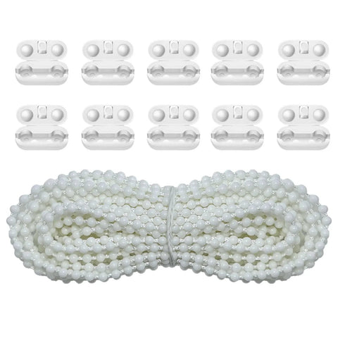 10 Meter Bead Chain Cord for Roller Blinds with 4.5mm Bead Diameter and 10 Connectors, White Replacement Cord for Shame Blinds.